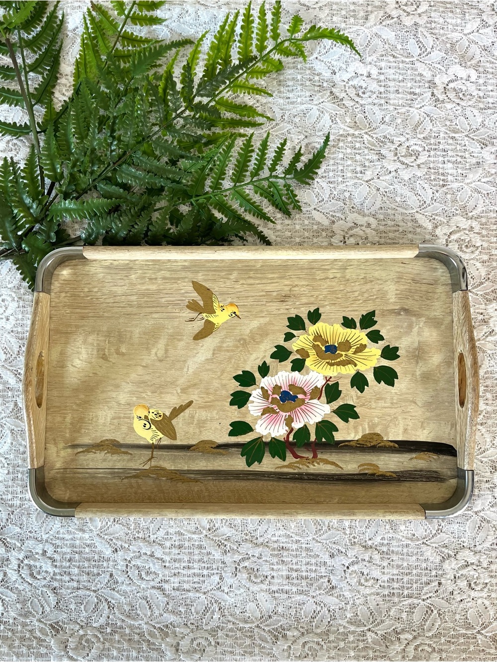 Vintage MCM Wood & Metal Handpainted Handled Tray
